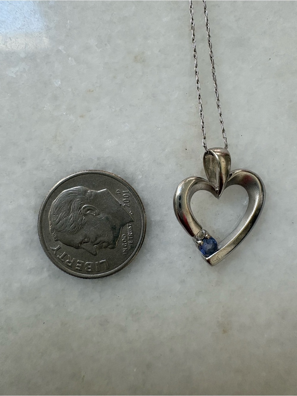 14k White Gold Heart Pendant Necklace with Small Diamond and Purplish Stone